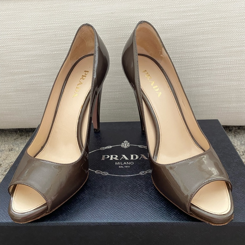 Prada bronze peep-toe heels